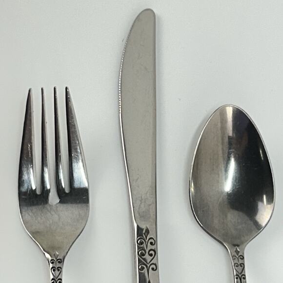 Vtg 3pc Flatware INTERPUR INR2 Japan Stainless Steel Brown Faux Wood Scroll MCM - Picture 4 of 14